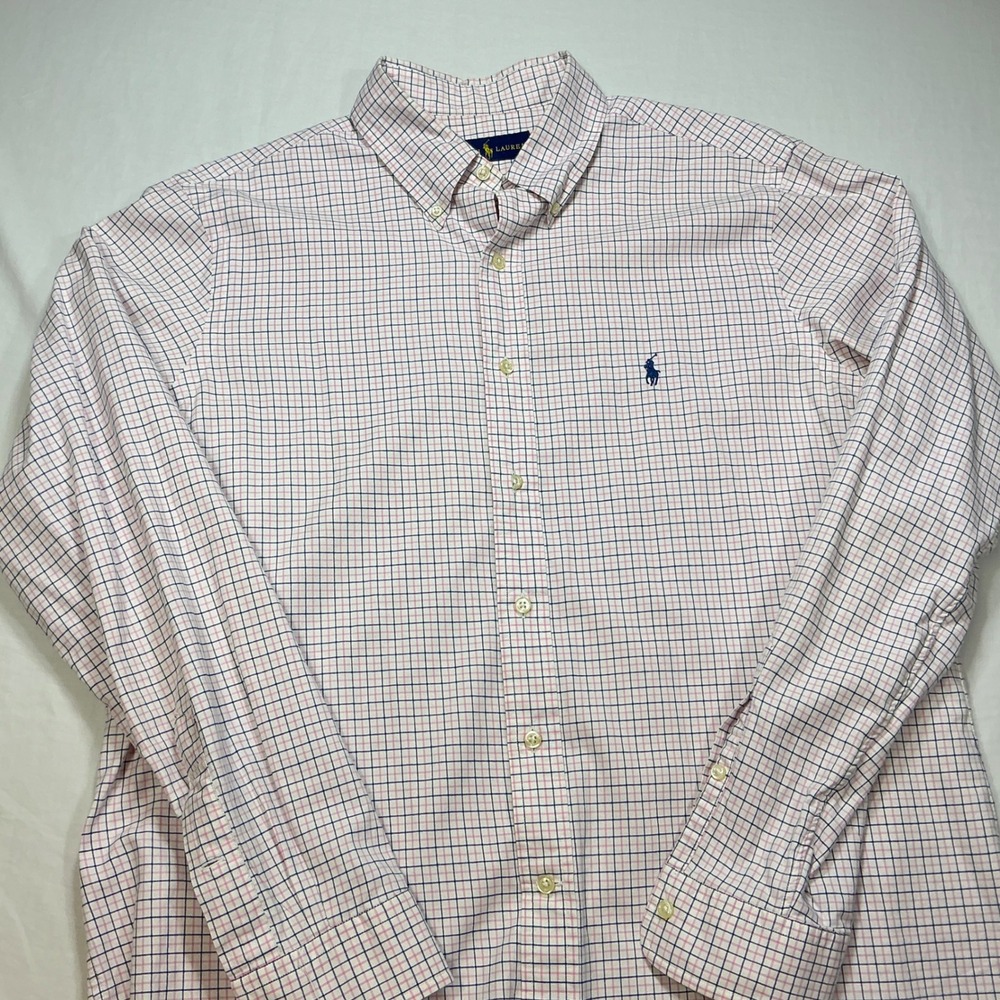 Ralph Lauren Mens Plaid Button Down Long Sleeve Shirt Pink Blue Check 16.5